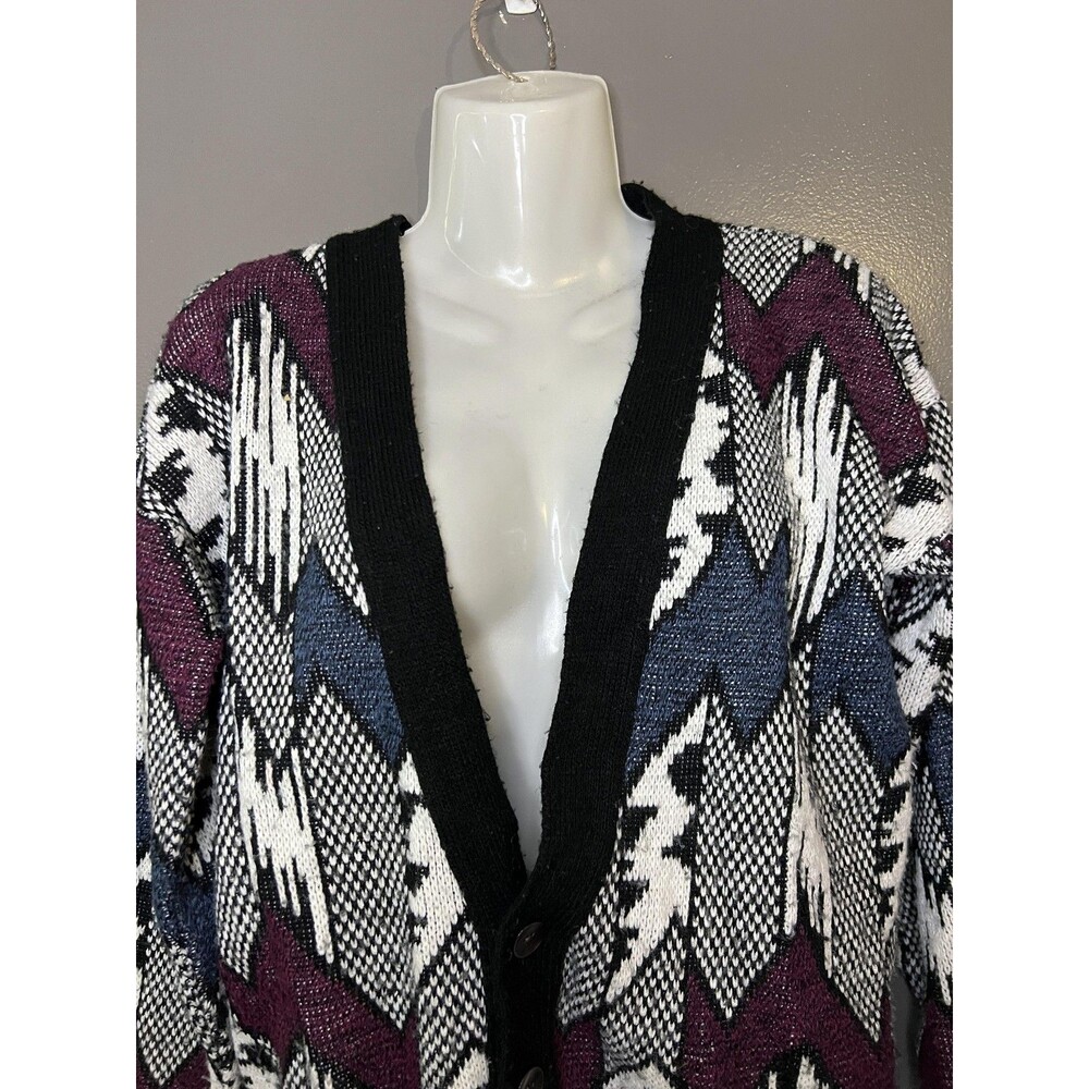 Vintage Barrel Cardigan Sweater Womens L 14-16 Multicolor Aztec Knit USA 80s